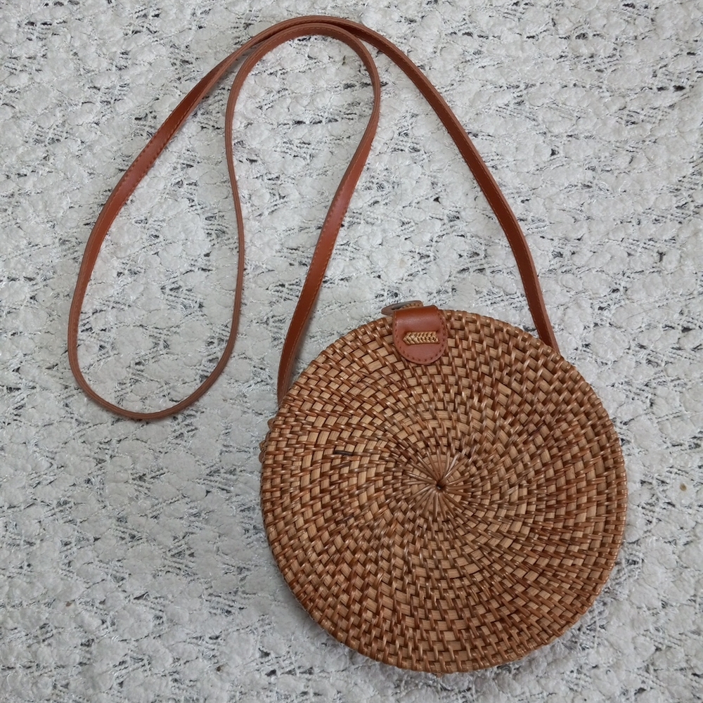 Handwoven Round Crossbody Straw Bag Boho Indonesia Beach Leather Strap Chic